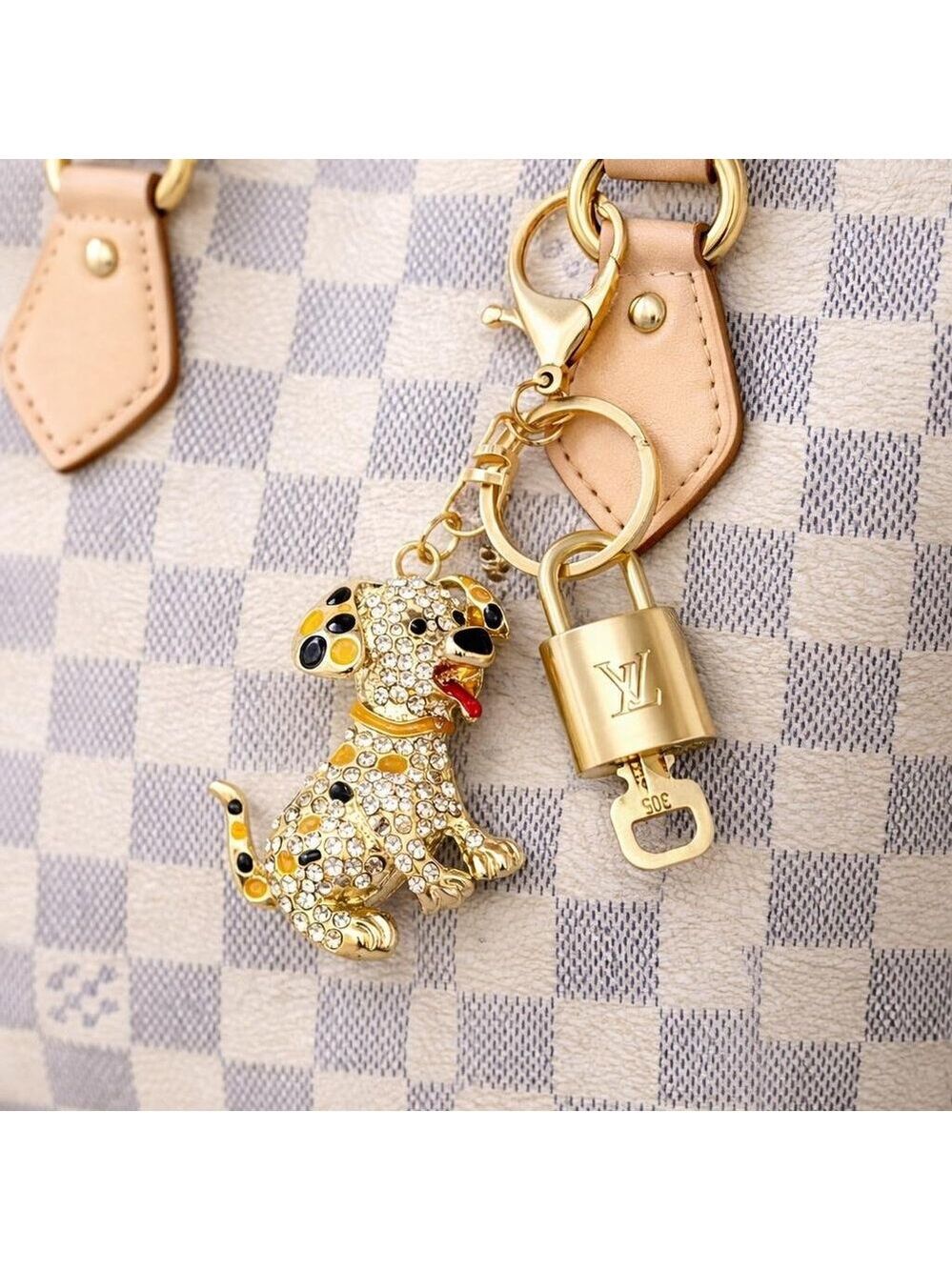 Authentic Louis Vuitton Gold Padlock & Key w/Unbranded Rhinestone Dog Keychain